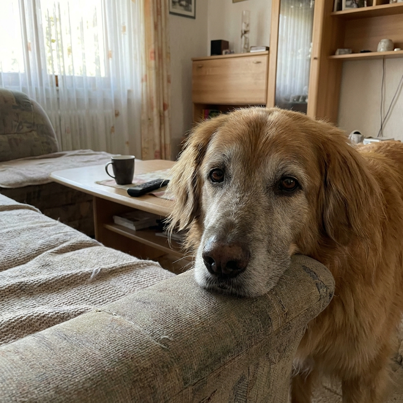 Er kommt nicht mehr auf das Sofa.